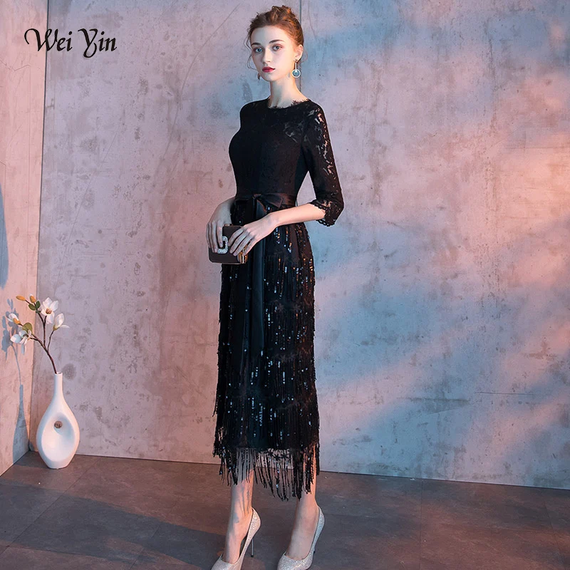 Wei yin-Vestidos de Noche elegantes para mujer, vestidos de fiesta de media manga con encaje y longitud de té, color negro, WY1637, 2022