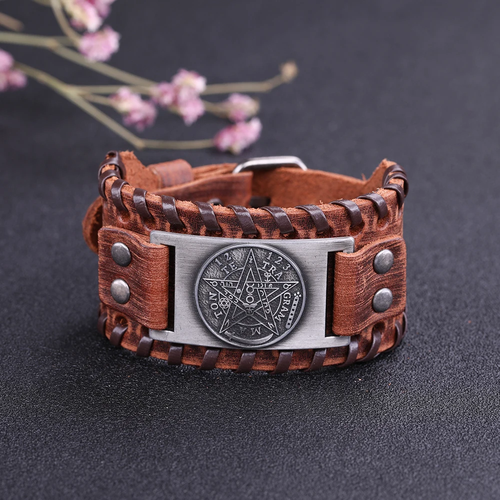 Tetragrammaton Pentagram Amulet Pentacle Men Leather Bracelet Ancient Power Name of God Adjustable Bangle Wiccan Jewelry