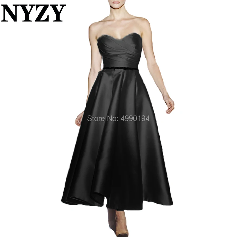 

Cocktail Dresses NYZY C186 Tea Length Black Satin Formal Dress Party Gown Homecoming Graduation Robe Soiree Dubai