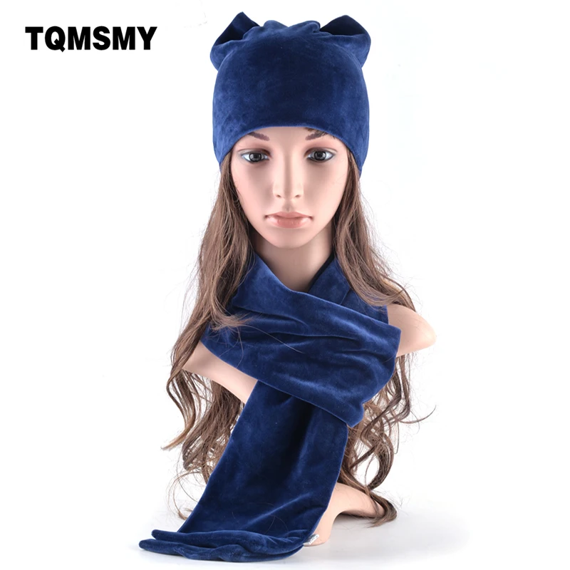 TQMSMY Soft velvet hat Scarf for women's winter hats Lovely girls beanies Ladies Cat ears bone casual cap 2 Pieces Hat Scarf set