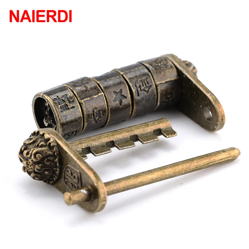 NAIERDI Zinc Alloy Chinese Vintage Antique Bronze Keyed Padlock Retro Combination Password Lock Jewelry Box Padlock 50*28mm