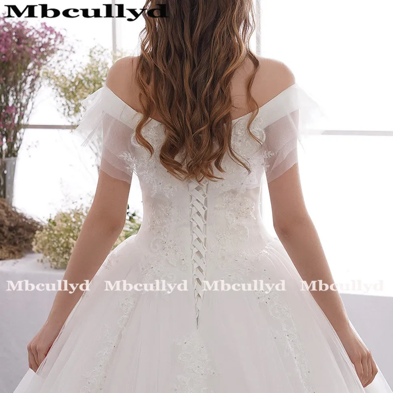 Mbcully Elfenbein Ballkleid Hochzeit Kleider 2019 Sexy Off Schulter Tüll V-ausschnitt Lace Up Vestido de noiva Mit Applique Spitze kleider