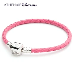 ATHENAIE Rose Red Single Braided Leather 925 Sterling Silver Charm Bracelet Fits Fit All European Charm Bead