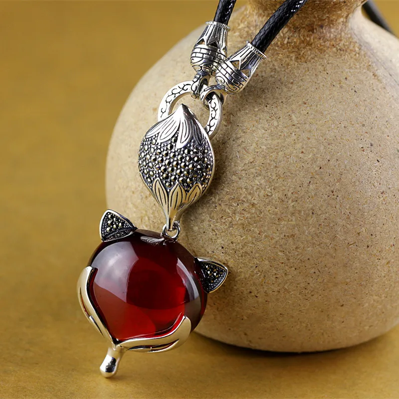 

BOCAI New 2021 Real Pure S925 Silver Jewelry Ethnic Style Pomegranate Red/Topaz Trendy Woman Sweater Chain Fox Pendant