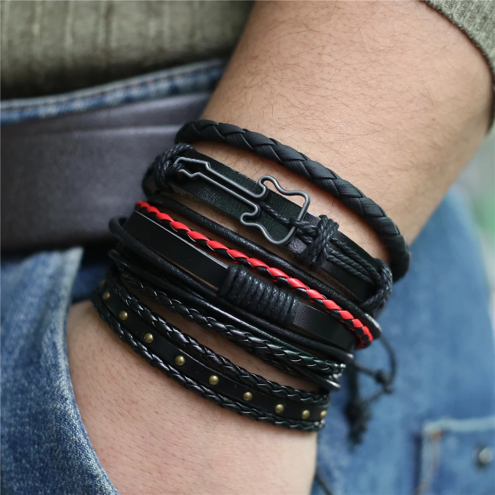 5 Pcs/set Punk Casual Woven Leaf Feather Wing Guitar Charm Wrap Men Leather Bracelets Women Homme Femme Male Jewelry