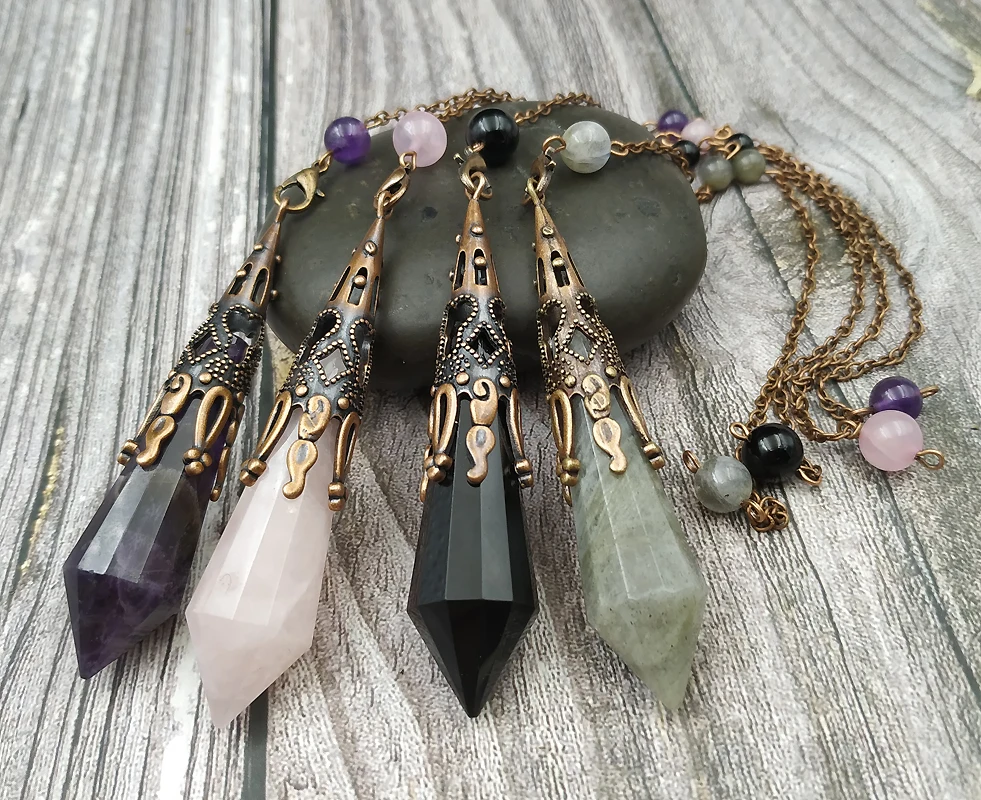 YA3976 Antique Bronze Cap Amethysts Labradorite  Stone Point Healing Pendulum Chain