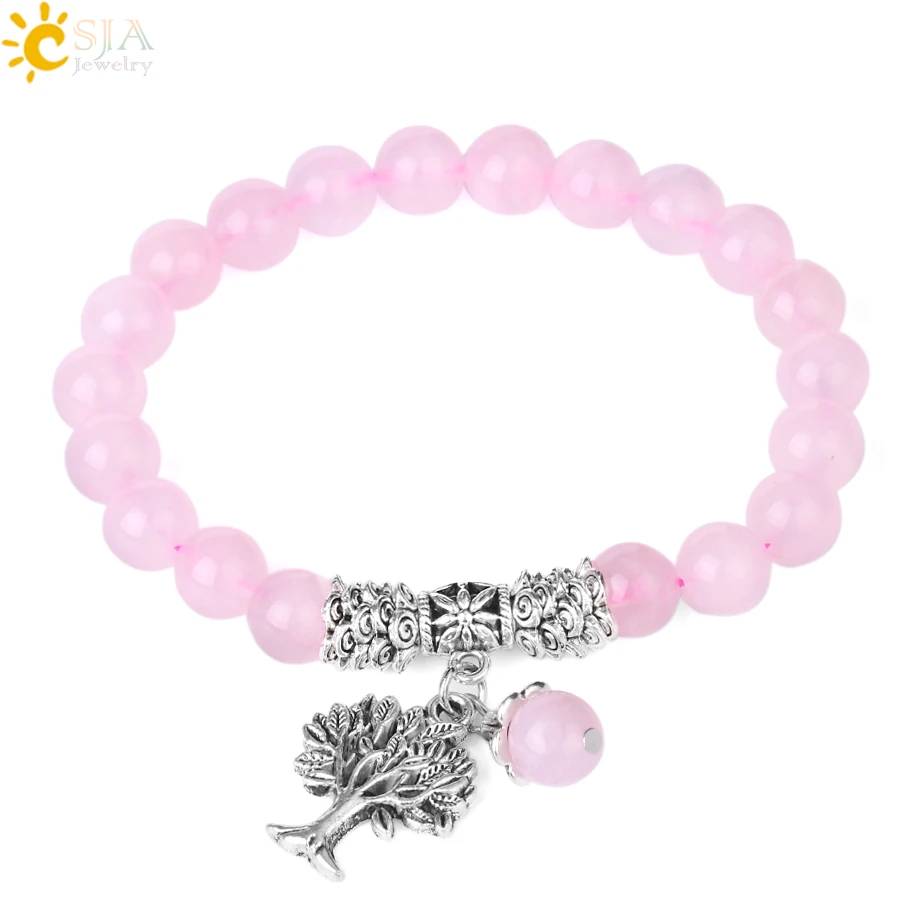 CSJA Reiki Pink Quartz Diffuser Bracelet Natural Crystal Gem Stone Mala Beads Tree of Life Charms Meditation Ethnic Jewelry E723