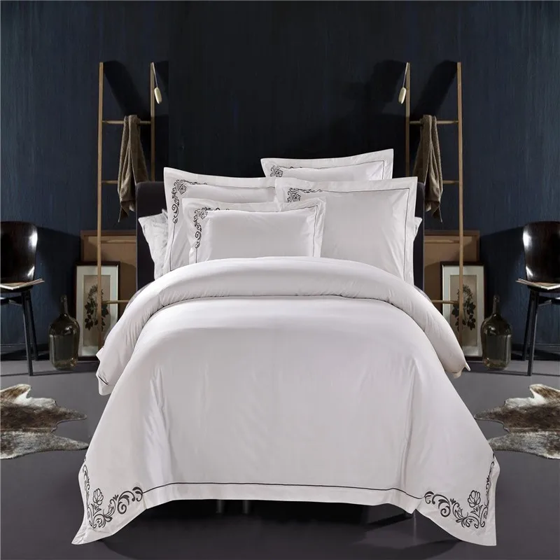 100% Cotton White Embroidered Bedding sets 4/6Pieces White Hotel Bedsheet set Duvet cover Pillow shams Double King Queen size
