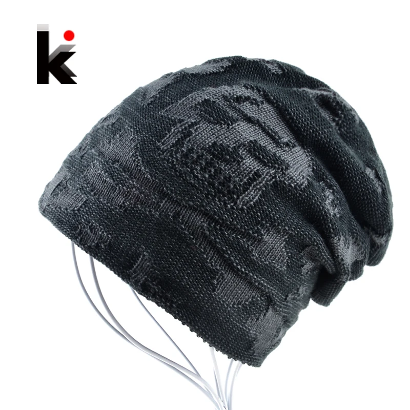 Mens skull hat winter skullies knitted wool hat plus velvet hip hop cap thicker bonnet beanie stocking hats for men touca