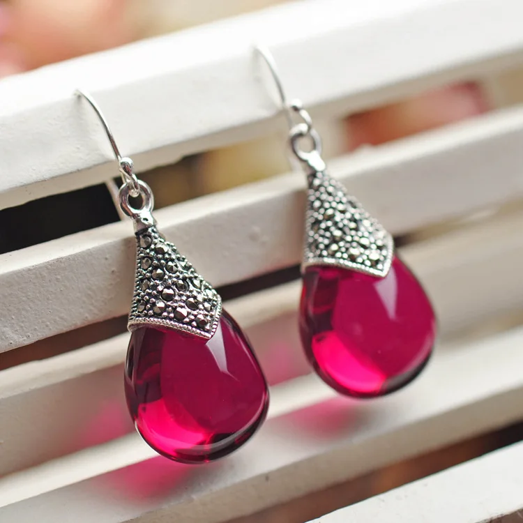 

925 sterling silver jewelry retro Thai silver droplets garnet earrings female models