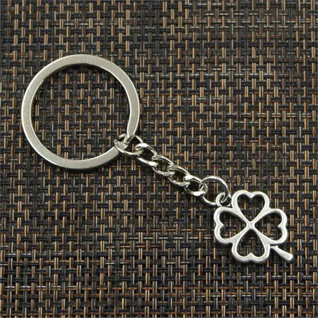 New Fashion Men 30mm Keychain DIY Metal Holder Chain Vintage Lucky Four Leaf Clover Irish 24x17mm Silver Color Pendant Gift