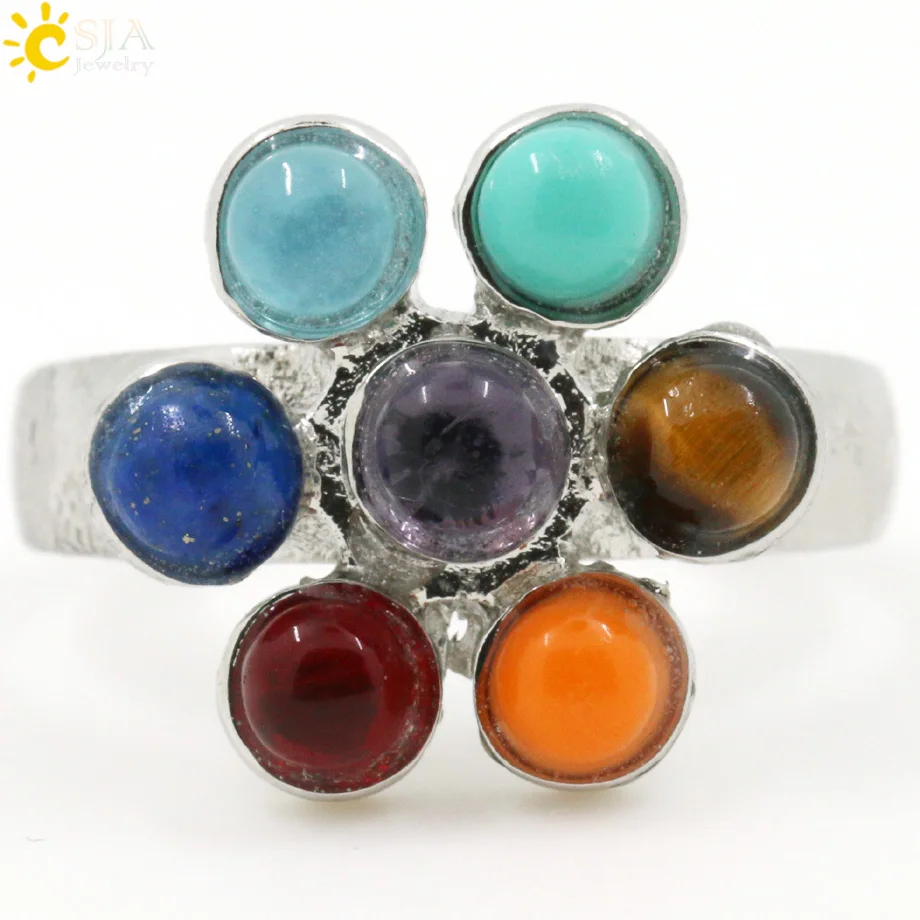 CSJA 1Pc 7 Chakra Rings Reiki Energy Healing Point Stone Beads Adjustable Ring Rainbow Flower Women Finger Ring Jewelry E042