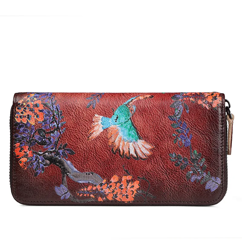 SOUTH GOOSE Genuine Leather Women Wallet Luxury Long Purse Birds Embossing Clutch Bag High Quality Female Card Holder Phone Bag