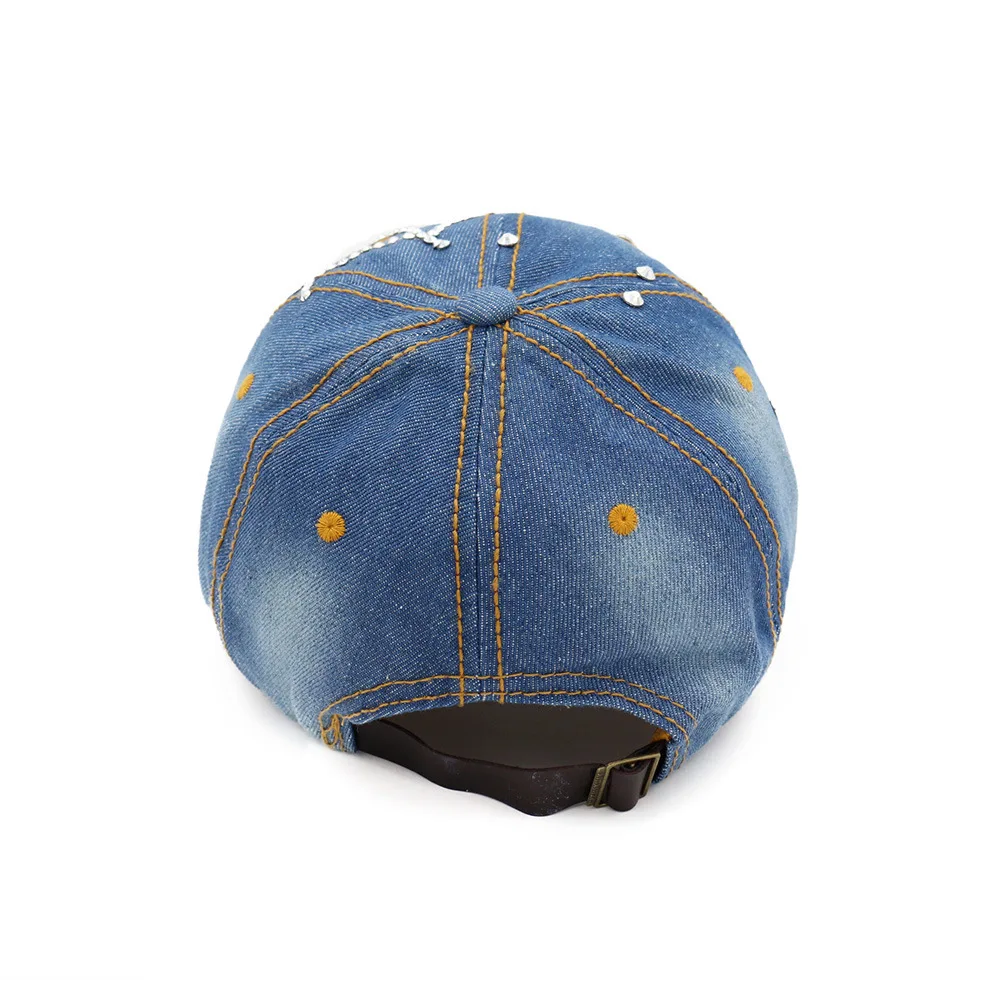 Hot Wholesale 2018 Spring Summer Autumn Popular Women Girl Woman Denim Snapback Cap Rhinestone Cross Fitted Baseball Caps Hats