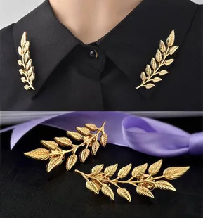 European And American Style Retro Golden Leaves Suit Collar Shirt Collar Pin Buckle Collar Clip Brooch Unisex  Rhinestone Brooch