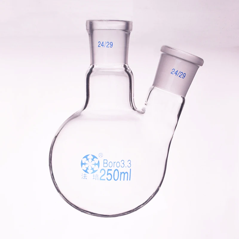 Two-necked flask oblique shape,with two necks standard grinding mouth,Capacity 250ml,Middle joint 24/29 and lateral joint 24/29