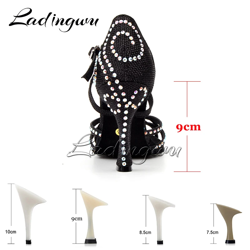 Ladingwu Dance Shoes Latin Women Rhinestone Salsa Shoes Dance Ballroom Party Profession Dance Shoes Heel 9cm Glitter Satin