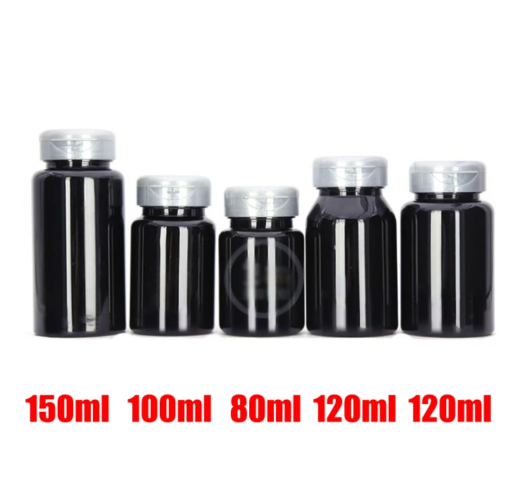 100pcs TOP Black PET Flip Bottles,Capsules Pills/Powder/Vitamin Bottles with Silver Screw Cap -- 80ml/100ml/120ml/150ml