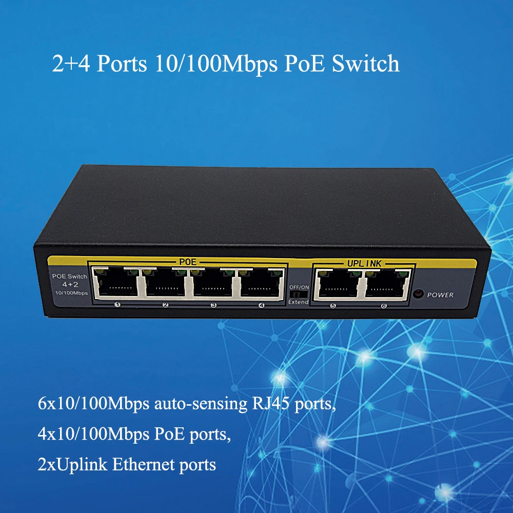 4 + 2 poorts PoE Switch 802.3af Standaard schakelaar 802.3at Power Over Ethernet Switch Injector voor Draadloze AP IP telefoons Camera