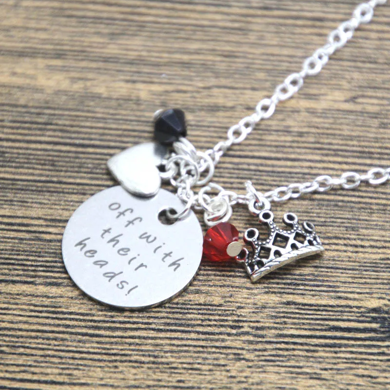 Alice in Wonderland Inspired Necklace Villain Red Queen of Hearts  Off With Their Heads Silver tone crystal