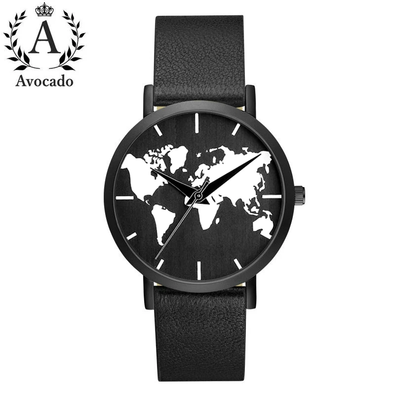 Reloj con mapa del mundo negro, correa de cuero, movimiento de cuarzo, 3 manos, temporizador, regalo para hombre y mujer