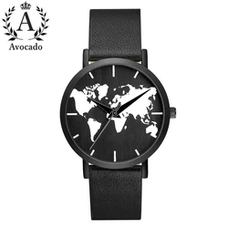 Montre à quartz avec bracelet en cuir pour homme et femme, montre carte du monde, mouvement à 3 aiguilles, horloge minuterie, tout noir, cadeau