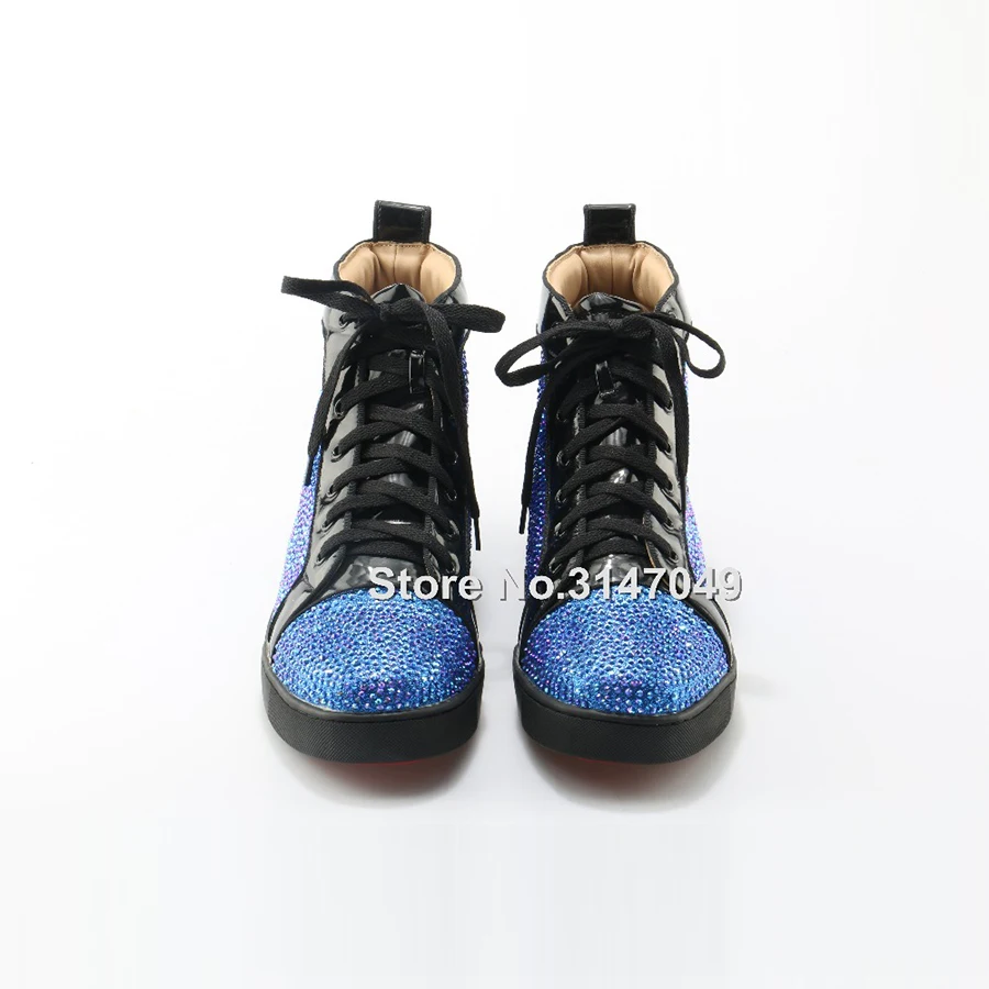 Shiny Men Shoes Patent Leather Blue Luxury Crystal High Top Men Shoes Flat Lace Up Black Trainers Mens Sneakers Casual Shoes