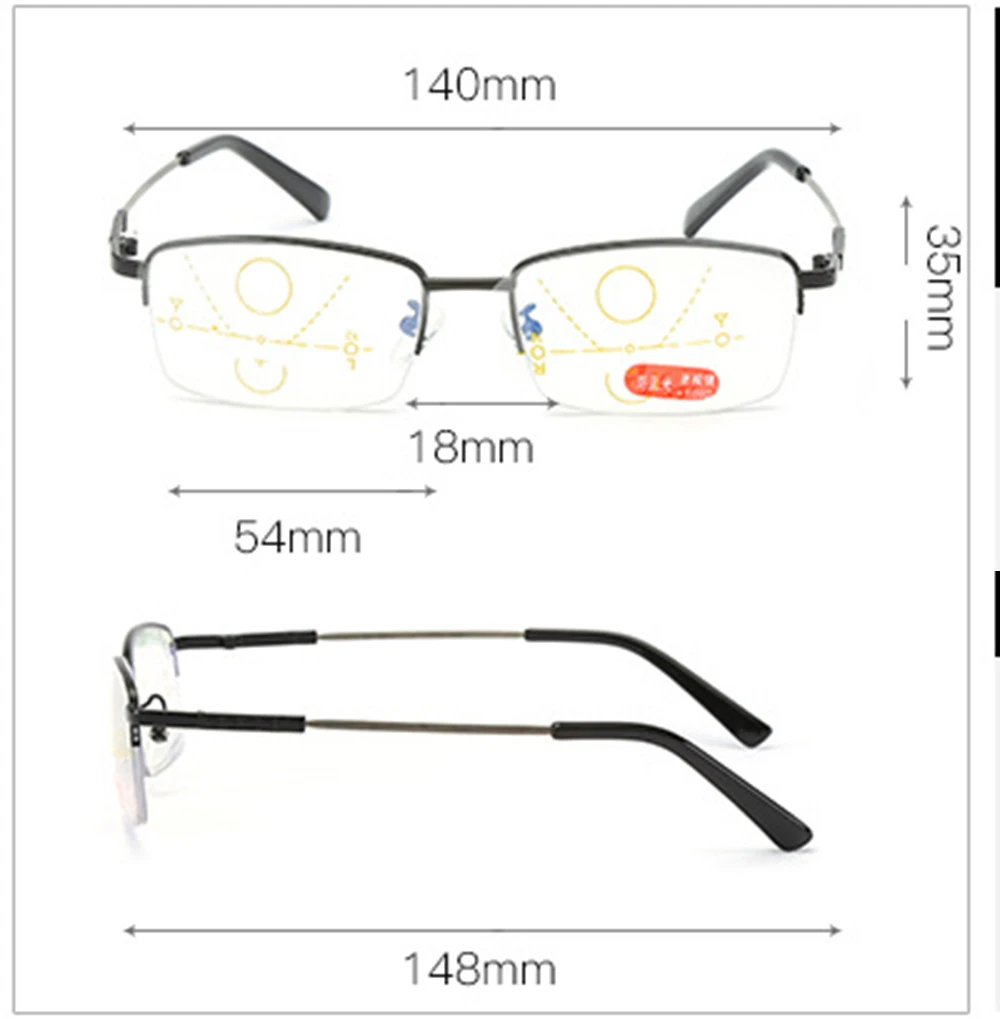 Progressive Multifocal Reading Glasses Half-rim Memory Leg Titanium Alloy Glasses Frame See Near And Far TOP 0 ADD +0.75To +4