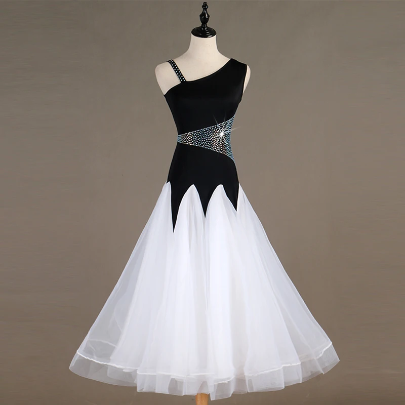 

Ballroom Dance Dresses Sleeveless black white foxtrot rhinestone strass Women Stage Waltz Ballroom Dress MQ076