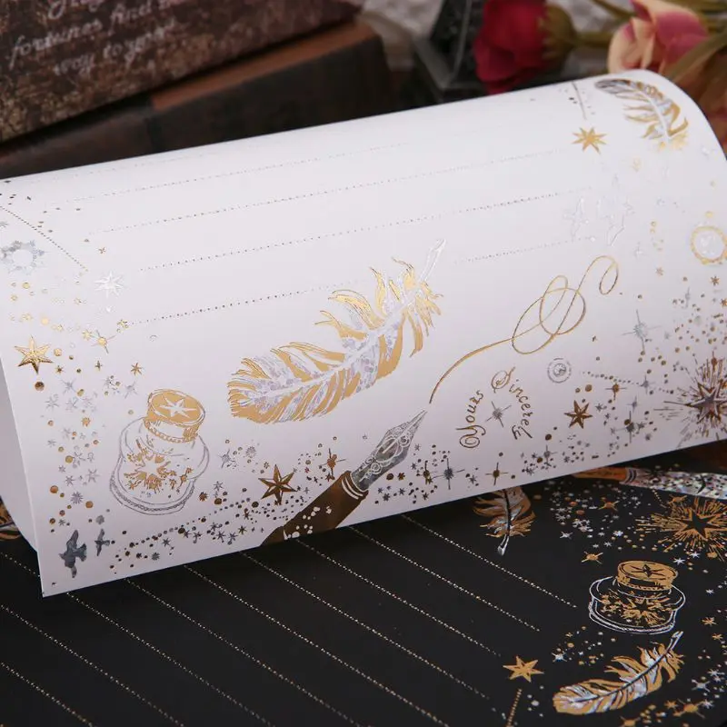 8 Sheets High-end Vintage Bronzing Feather Blessing Letter Paper Pad Writing Office School Supplies