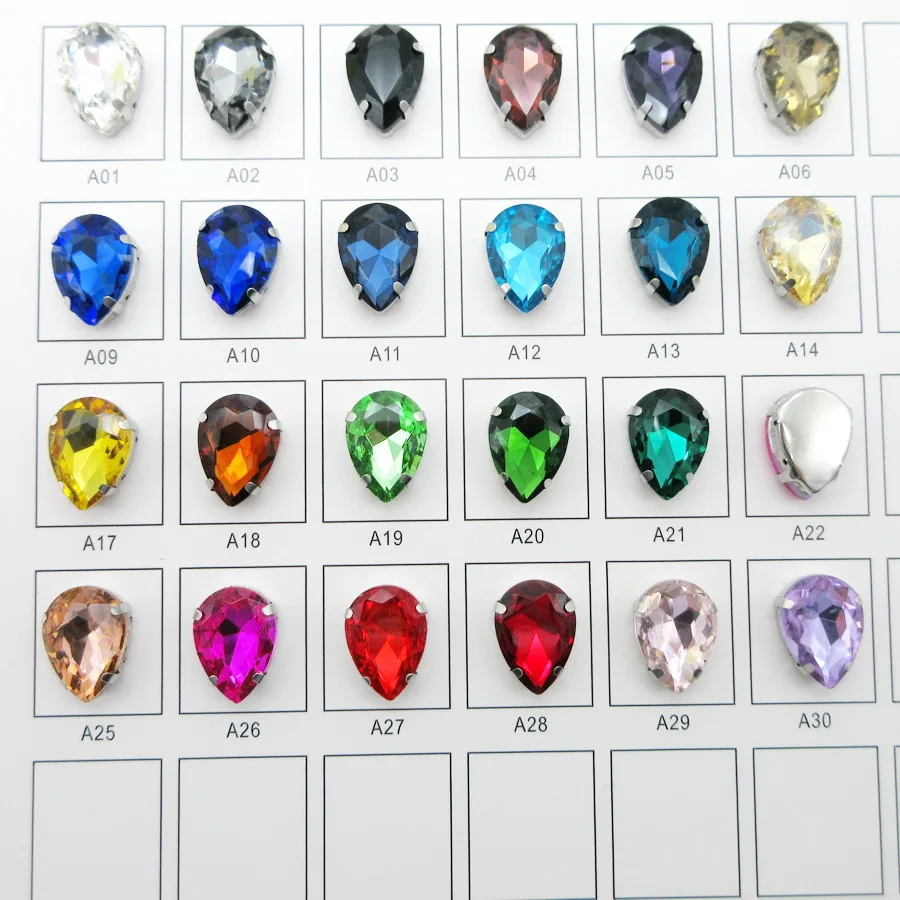 Colorful  glass Crystal Silver claw 7 sizes 25 fancy colors water drop teardrop Sew on rhinestones beads garment bags shoes diy