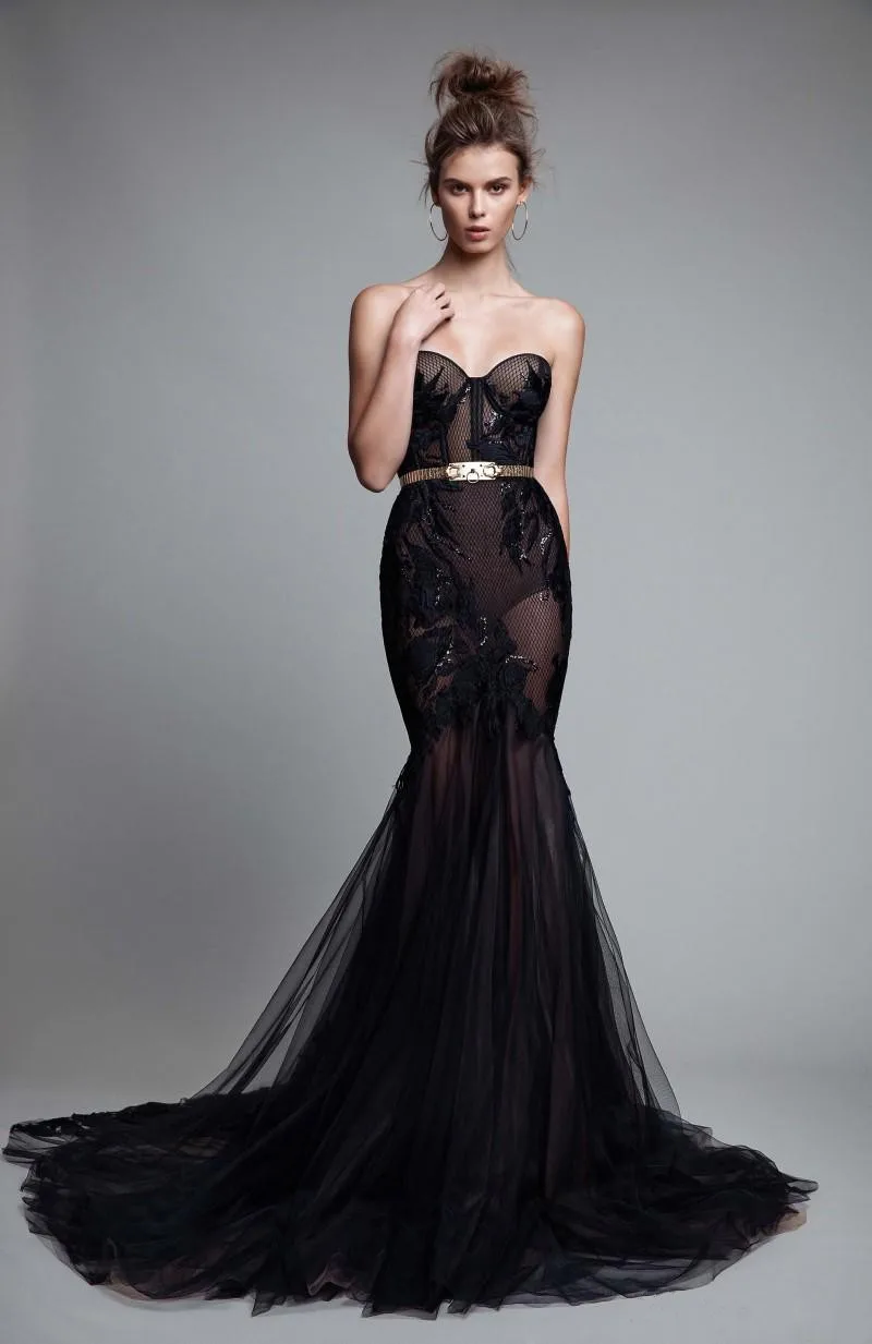 Elegante Nero Abiti da ballo Sweetheart Senza Maniche Backless Della Sirena Abiti Da Sera 2020 Del Merletto di Appliques Perline Abito Speciale Occasione