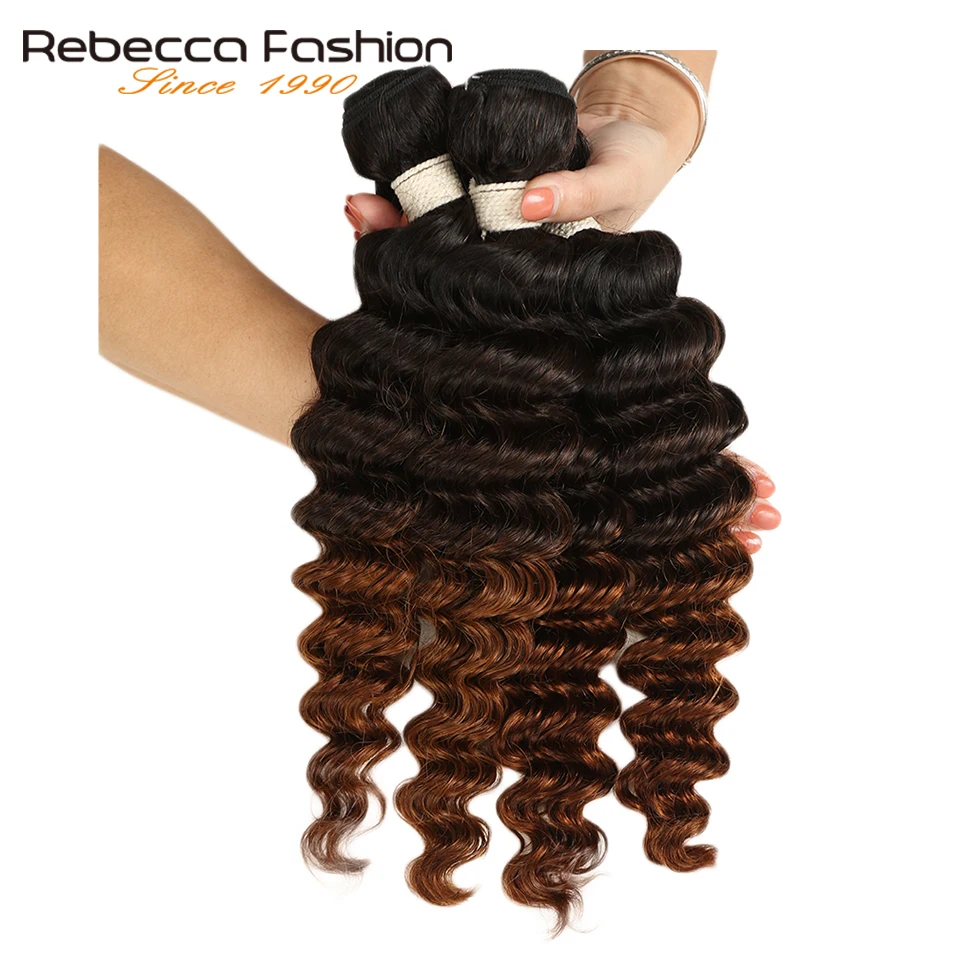 Rebecca 1/3/4 Pcs Ombre Three Tone Human Hair Bundles Remy Peruvian Deep Wave Bundles Deals Color 1B/4/27# 1B/4/30#