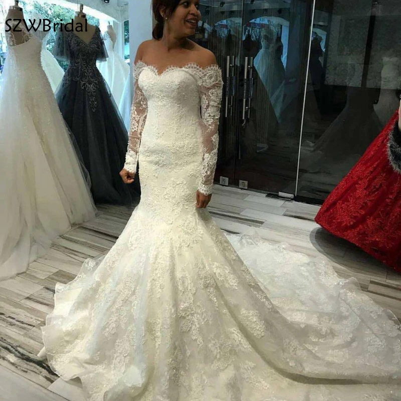 Abito da sposa a sirena personalizzato robe de mariee Abito da sposa a maniche lunghe con spalle scoperte Vestido de noiva vestido noiva