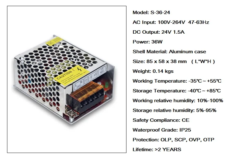 10pcs/lot High Quality 24V 1.5A 36W LED Power Supply Driver for LED Strip 5050 3528 AC 110~220V To DC DHL EMS