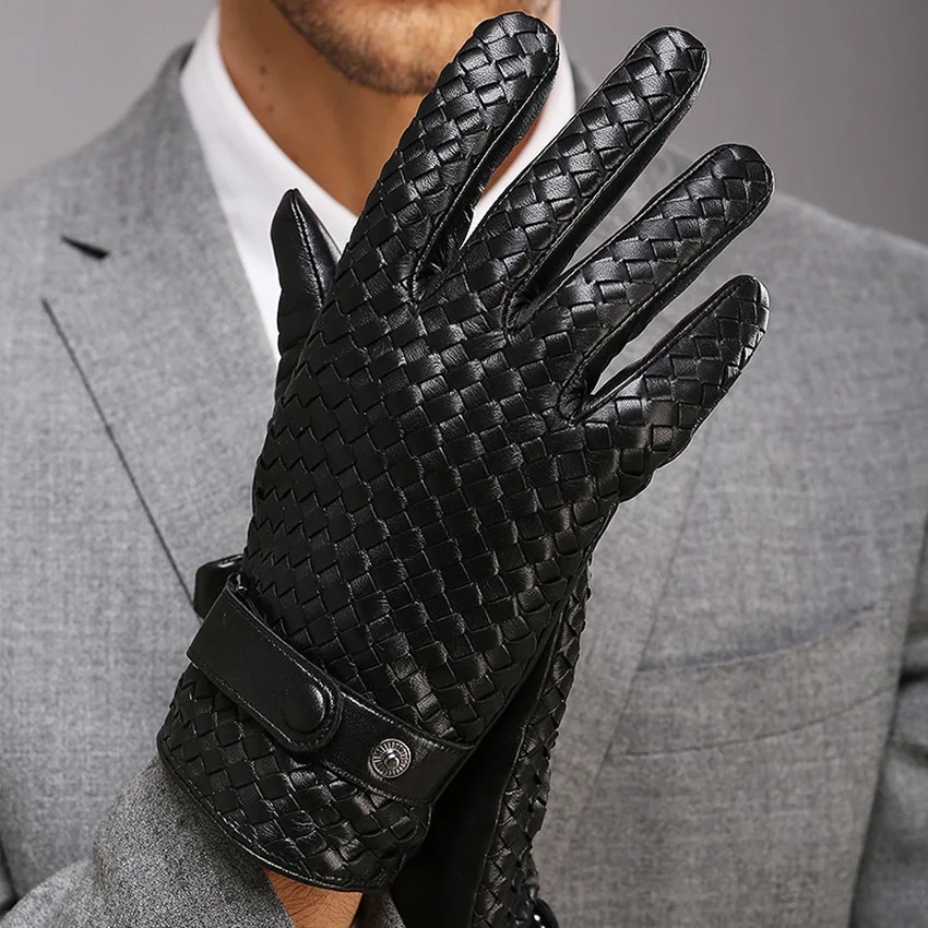 Guantes de piel de oveja tejida a mano para hombre, manoplas masculinas de cuero genuino, a la moda, informales, de negocios, de alta calidad, M025NN