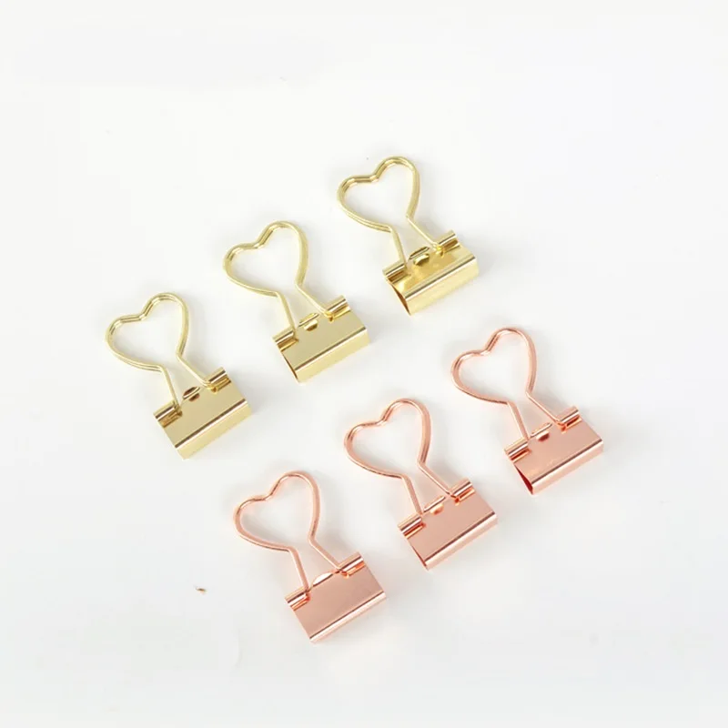 12Pcs Creative Heart Shape Metal Binder Clips Gold Rose Gold Paperclips For Photos Tickets Letter Notes Paper Clip Office Supply