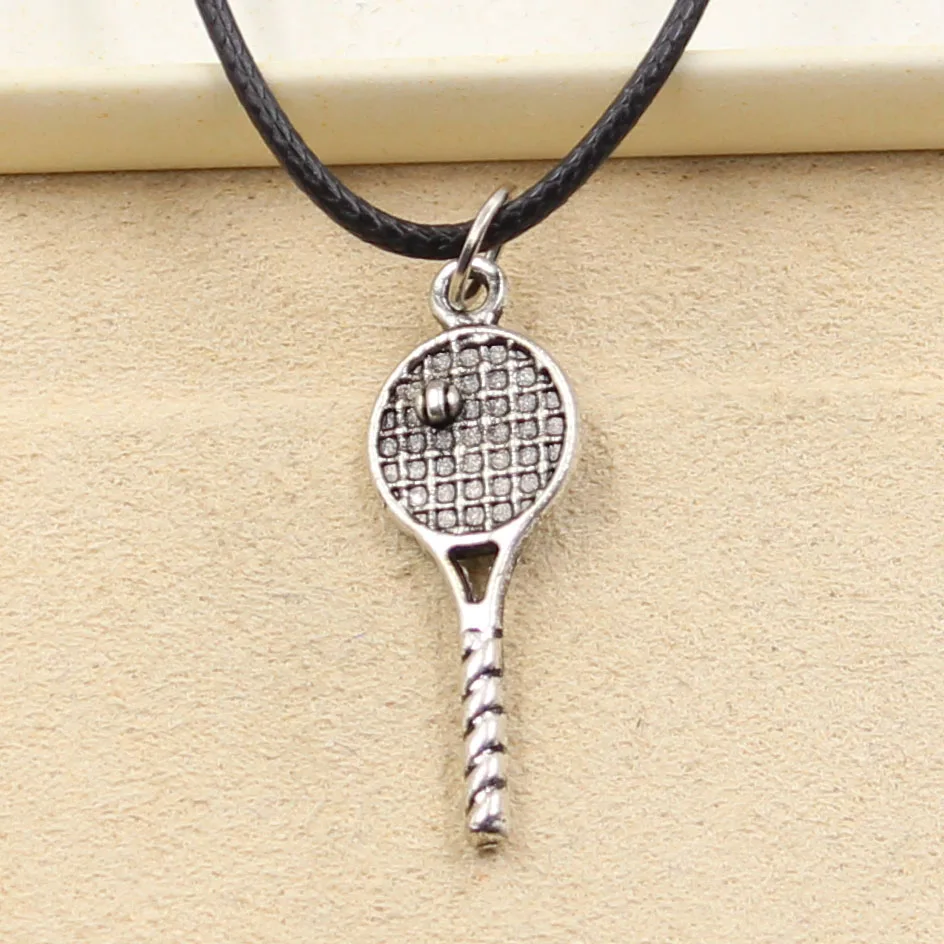 New Fashion Tibetan Silver Color Pendant Tennis Racket Necklace Choker Charm Black Leather Cord Factory Price Handmade Jewelry