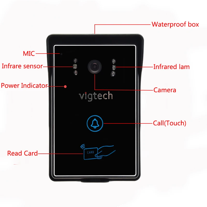 Vigtech7 "طقم هاتف باب فيديو سلكي ، نظام اتصال داخلي بالفيديو ، 700tvl RFID ، مقاوم للماء ، كاميرا للرؤية الليلية بالأشعة تحت الحمراء