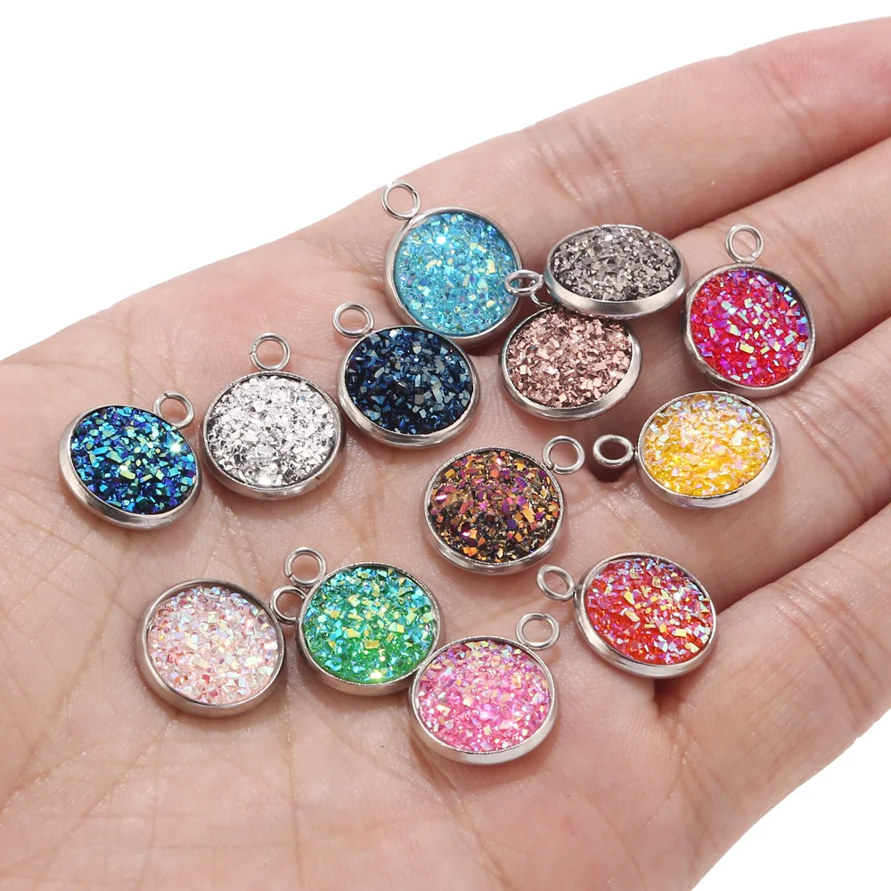 10pcs Druzy Charms 12mm Druzy Pendant Supplies Wholesale Bezel Charm Faux Druzy Stone Pendant Colourful Charm for DIY Jewelry