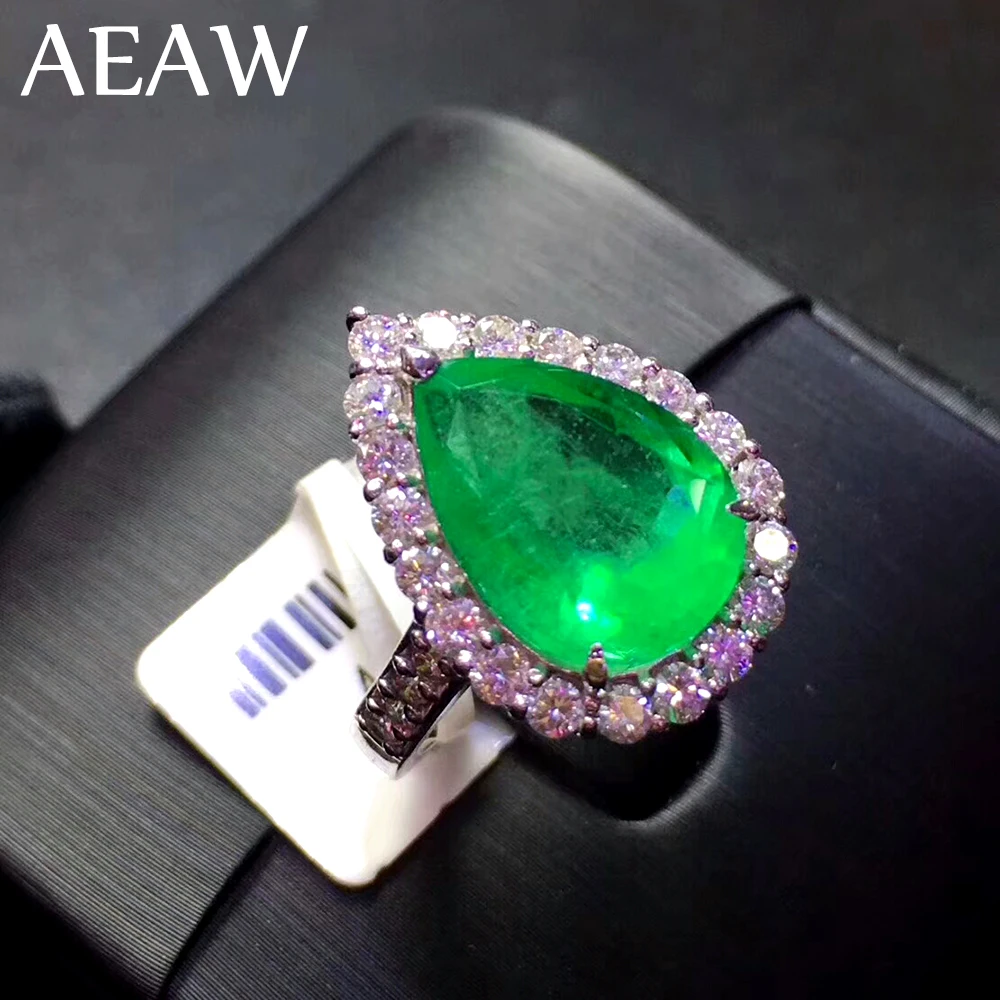 AEAW 4ct AAA Pear Lab Grown Colombian Emerald CCE Emgagement Ring Genuine Solid 14k White Gold with Lab Diamond Moissanite