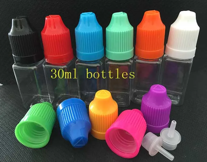 1000pcs Square Bottle Plastic dropper E liquid oil Bottle 11 colors Childproof Tamper Cap empty plastic bottles 30ml