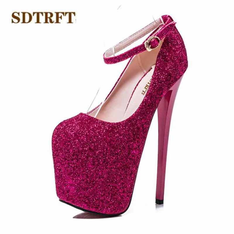 SDTRFT Crossdresser Stiletto 20cm thin high heels Female Shoes woman Round Toe Sequined Platform wedding Pumps Plus:47 48 49 50