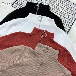 Women Zipper Turtleneck Thick Full Sleeve Autumn Sweater 2023 Spring Warm Knitted Pullovers Sweaters Solid Casual Ladies Jumper