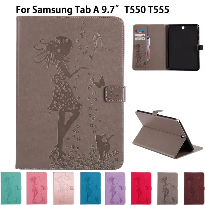 

SM-T550 Case Girl Cat Embossed PU leather Case For Samsung Galaxy Tab A 9.7 inch Cover T555 T550 SM-T550 Funda Tablet Flip Cases