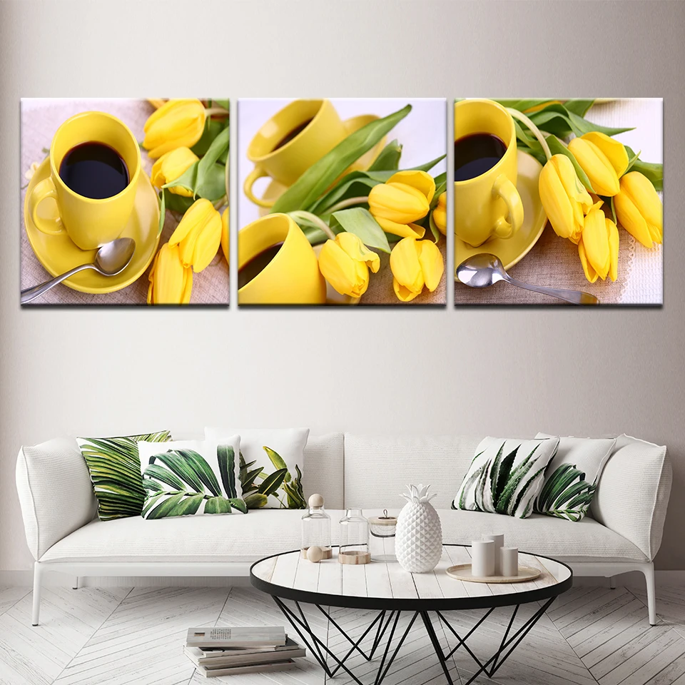 جميلة الزنبق الأصفر والأكواب طباعة 3 لوحة ملصق وطباعة قماش اللوحة صورة لغرفة المعيشة ديكور المنزل