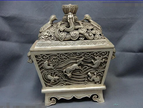 song voge gem S0096 Tibet Monastery White Copper Silver Dragon Bird Beast Jar Censer incense burner