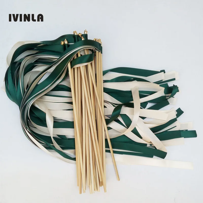 50pcs/lot Dark Green wedding ribbon wands with gold bell  ribbon Twirling Streamers wedding ribbon stick