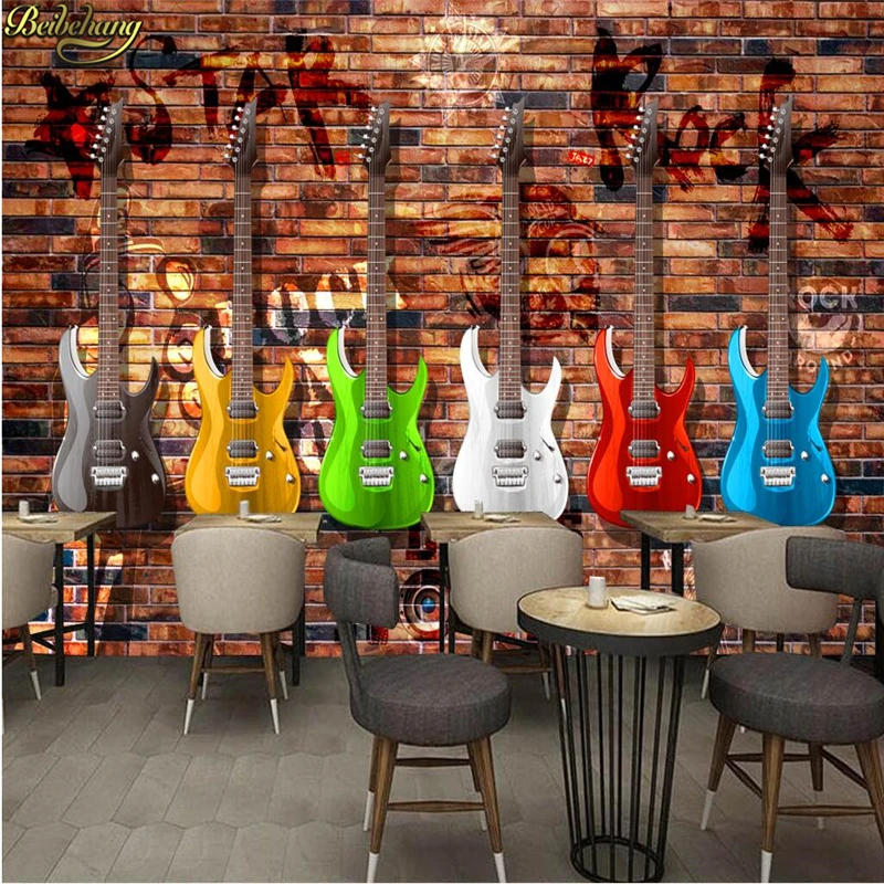 

beibehang Custom Photo Wallpaper Mural European and American Retro Guitar Brick Wall Bar KTV Mural Background Wall