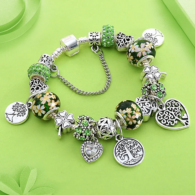 Leabyl Mix Green Tree of Life Charm Bracelet Silver Color Heart Tree Pendant Bead Bracelet Fashion Jewelry Gift for Women Child